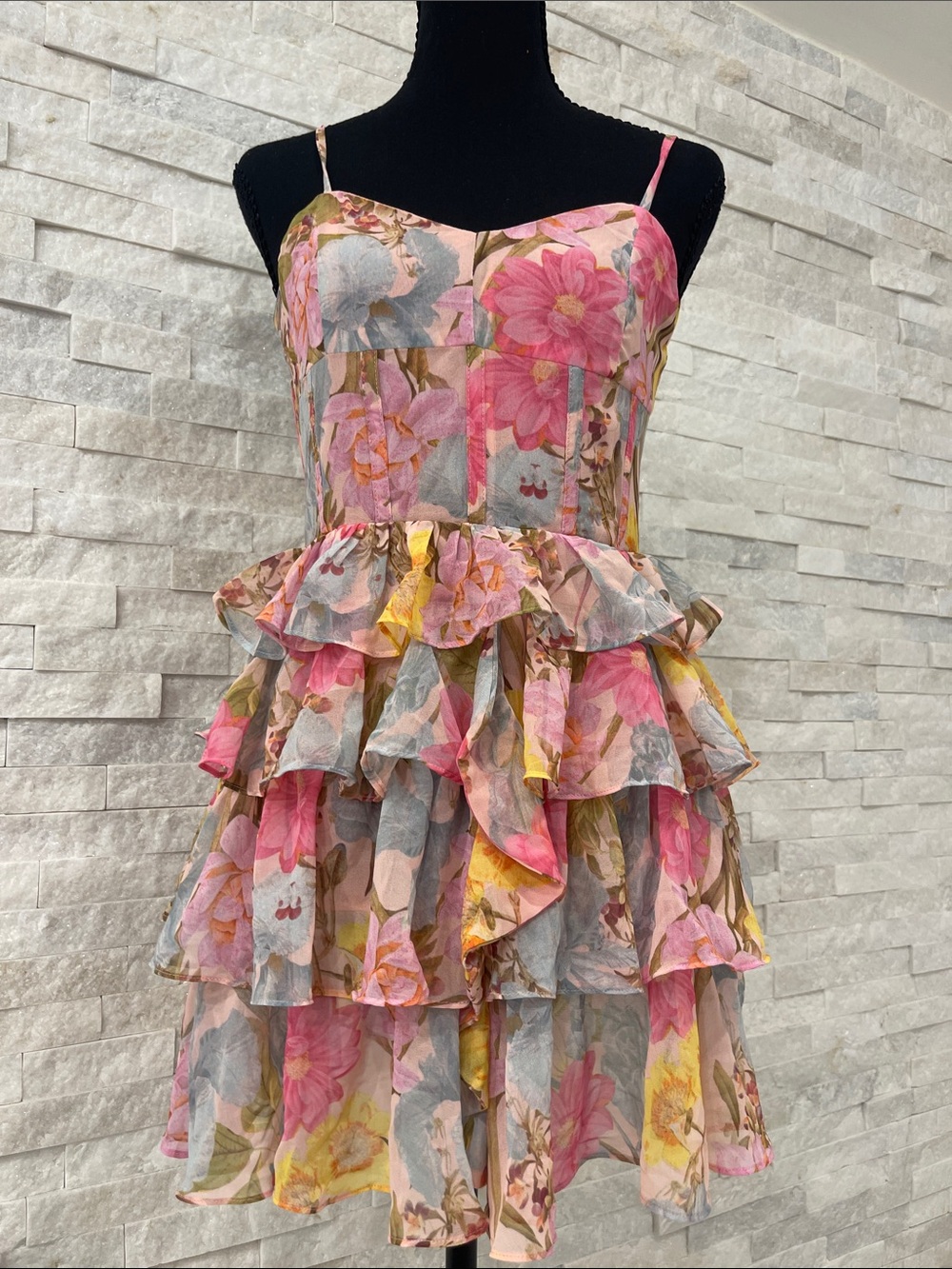 Olivaceous Pink Multi Floral Ruffle Spaghetti Dress